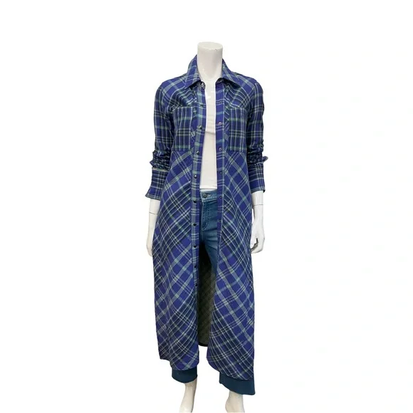 FREE PEOPLE We The Free Ruth Long Plaid Shirt Dress Cobalt Combo Maxi Size 2 - Picture 3 of 8